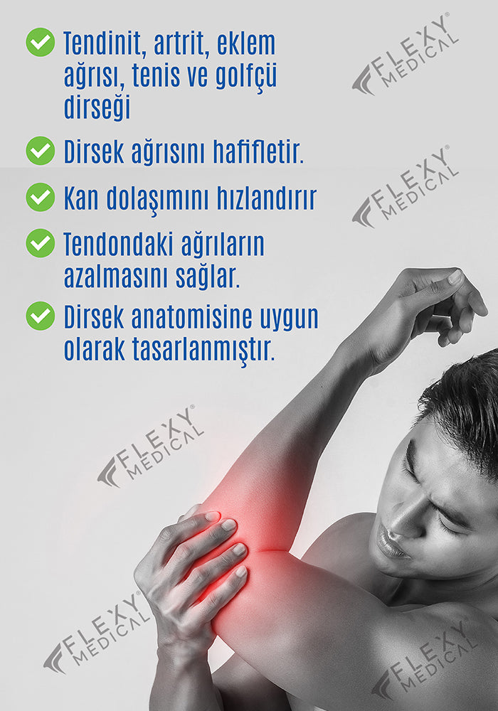 Flexy Medical Epikondilit Dirsek Bandajı - Tenisçi ve Golfçü Dirseği İçin Özel Pedli Medikal Destekleyici Bandaj - Ayarlanabilir Dirseklik - Sağ ve Sol Kol Uyumlu Standart Beden - Unisex