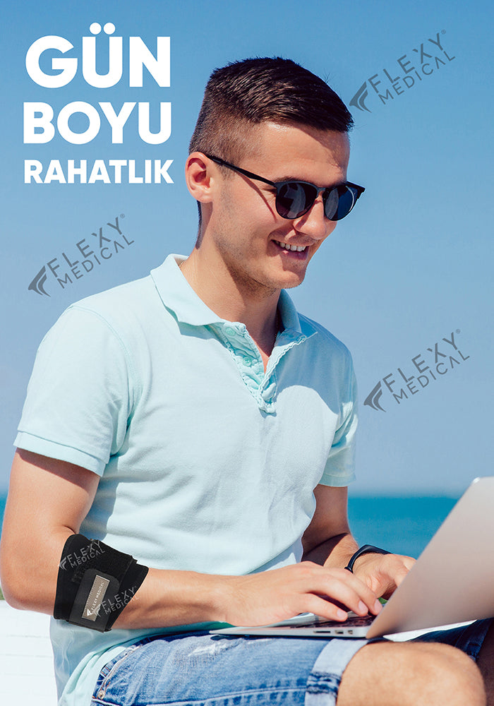 Flexy Medical Epikondilit Dirsek Bandajı - Tenisçi ve Golfçü Dirseği İçin Özel Pedli Medikal Destekleyici Bandaj - Ayarlanabilir Dirseklik - Sağ ve Sol Kol Uyumlu Standart Beden - Unisex