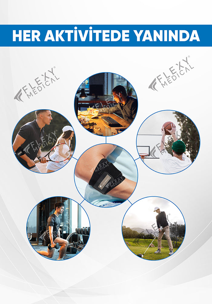 Flexy Medical Epikondilit Dirsek Bandajı - Tenisçi ve Golfçü Dirseği İçin Özel Pedli Medikal Destekleyici Bandaj - Ayarlanabilir Dirseklik - Sağ ve Sol Kol Uyumlu Standart Beden - Unisex