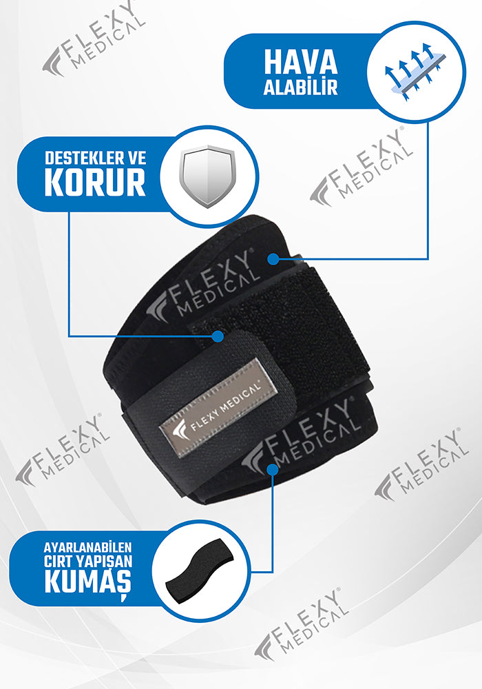 Flexy Medical Epikondilit Dirsek Bandajı - Tenisçi ve Golfçü Dirseği İçin Özel Pedli Medikal Destekleyici Bandaj - Ayarlanabilir Dirseklik - Sağ ve Sol Kol Uyumlu Standart Beden - Unisex